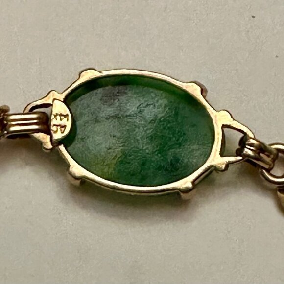 Antique Apple Green Oval Jade Cabochon 14Kt Gold Link Infinity Luck Bracelet - Picture 4 of 7